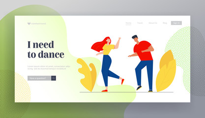 Young People Dancing on Disco Party Website Landing Page. Man and Woman Spending Time Together Moving to Music Rhythm Happy Leisure and Sparetime Web Page Banner. Cartoon Flat Vector Illustration