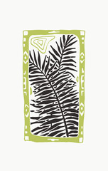 Vector illustration with palm leaves in tribal frame. Hand drawn sketch of tropical floral and ornamental elements in linocut style