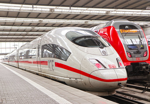 MUNICH, GERMANY - MAY 8, 2019 Munich central station departure and arrival hall, ICE Intercity-express train ready at the platform