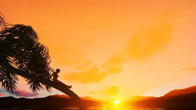 Beautiful woman sitting on a palm tree on the beach against beautiful timelapse sunrise, 4K