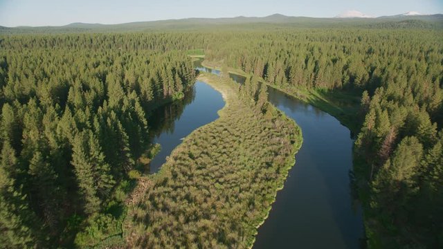Cascade Mountains, circa-2019.  Aerial view of Deschutes River.  Shot from helicopter with Cineflex gimbal and RED 8K camera.