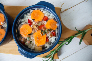 Fresh soup and organic vegetables. View from above. Vegetarian autumn cream soup. copyspace