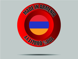 Armenia National flag inside Big red made in button. Original color and proportion. vector illustration, from world countries set. Isolated on gray background