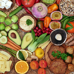 Vegan health food collection with foods high in protein, antioxidants, vitamins, anthocyanins, omega 3, minerals dietary fibre & smart carbs. Flat lay.