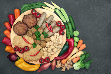 Vegan health food for ethical eating with quorn meat substitute selection high in protein and fruit...