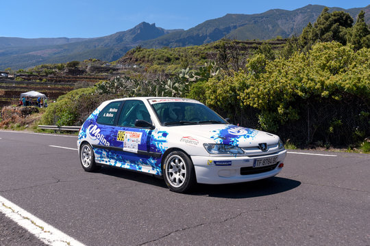 Tenerife, Spain - March, 24, 2018: Peugeot 306 rally car in Subida a los loros rally race in Tenerife, Canary islands, Spain.