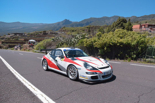 Tenerife, Spain - March, 24, 2018: Porsche 997 in Subida a los loros rally race in Tenerife, Canary islands, Spain.