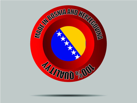 Bosnia and Herzegovina National flag inside Big red made in button. Original color and proportion. vector illustration, from world countries set. Isolated on gray background