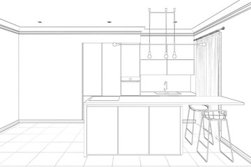 Sketch of the modern interior kitchen with breakfast bar and empty wall. 3d illustration