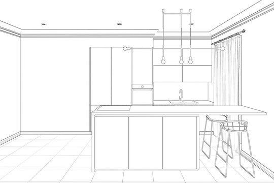 Sketch of the modern interior kitchen with breakfast bar and empty wall. 3d illustration