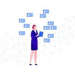 Vector flat business hr people illustration. Businesswoman with document folder on low poly background with cv icon. Concept of online services. Design element for banner, poster, infographics