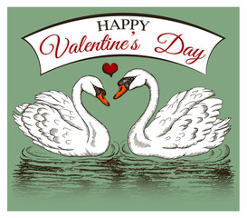 Vector illustration of sketch hand drawn poster Happy Valentine's Day with sketch wild white swans couple isolated in green background. Heart shape swan bird, reflection on water, romantic card.
