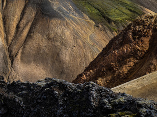 Climber on the mountain trail. Landmannalaugar