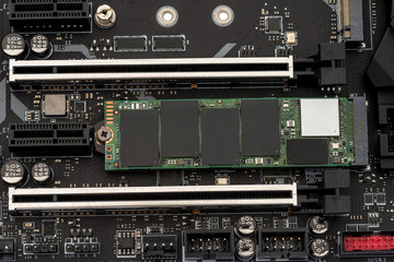 A NVMe solid state drive installed on a motherboard