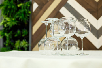 Glass glasses with drinks stand on a table