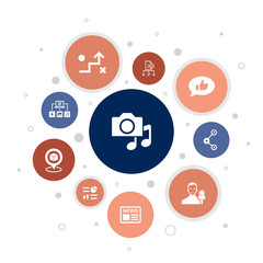 media Infographic 10 steps bubble design.news, reporter, Infographics, media plan icons