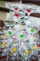 Glass glasses with drinks stand on a table