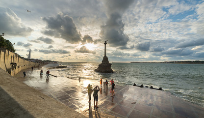 Stormy Sevastopol in Crimea. Monument to sunken ships