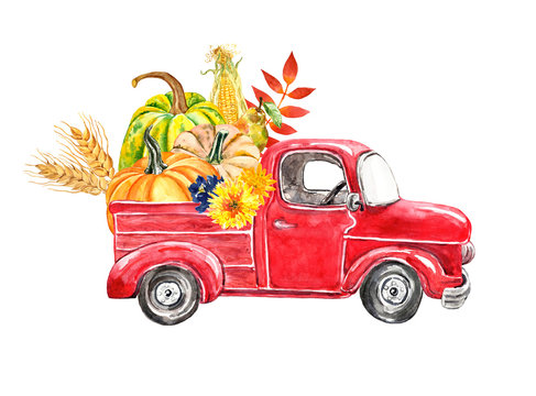 Watercolor autumn harvest truck. Hand painted red vintage car with orange pumpkins, wheat, corn, pear, flowers and leaves, isolated on white background. Fall seasonal vegetables.