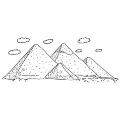 Egypt pyramids vector illustration sketch doodle hand drawn with black lines isolated on white background. Travel and Tourism Concept.