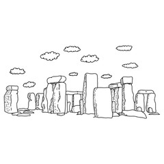 Obraz premium stonehenge with clouds vector illustration sketch doodle hand drawn with black lines isolated on white background. Travel and tourism concept.
