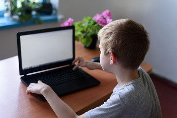 Schoolboy sitting at a laptop. Home education
