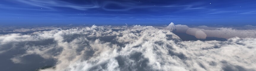 Fototapeta na wymiar Panorama of clouds. Flying over the clouds. 3d rendering.