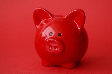 Red piggy box background. Fast banking credit money concept