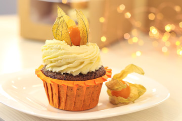 Tasty cupcakes on table, close up