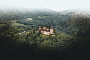 Fototapeta na wymiar Bright autumn panorama of a Castle in a forest