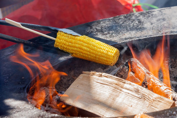 One roasted sweet corns holding barbecue tongs on the open fire grill with firewood happy sunny barbecue day. Healthy vegan food eating concept