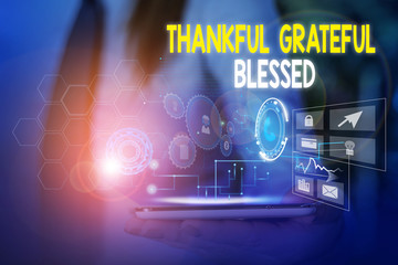 Word writing text Thankful Grateful Blessed. Business photo showcasing Appreciation gratitude good mood attitude Woman wear formal work suit presenting presentation using smart device