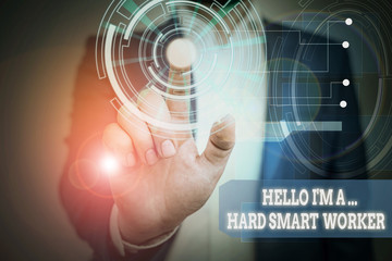 Text sign showing Hello I M A Hard Smart Worker. Business photo text Intelligence at your job Fast Clever Male human wear formal work suit presenting presentation using smart device
