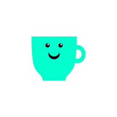 Cartoon cheerful cup for print design. Coffee mug with smile. Happy holiday, russia. Vector illustration template design. Cartoon illustration cheerful cup with smile. Vector card. Morning coffee.
