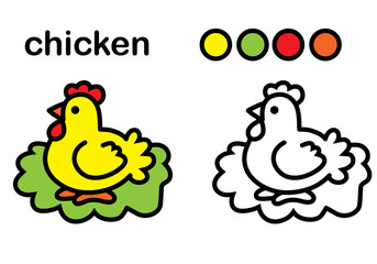 coloring book chicken, cute cartoon character, flat style, for children's creativity.