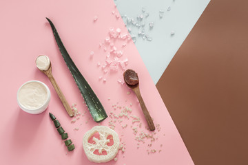 Spa composition with body care items on a colored background.