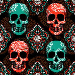 Seamless pattern with hand drawn skulls. Vector Illustration