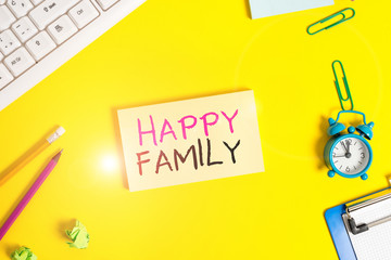 Handwriting text Happy Family. Conceptual photo family members staying together spending quality time Flat lay above copy space on the white crumpled paper