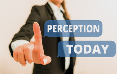 Text sign showing Perception. Business photo text individuals organize and interpret their sensory impressions Digital business in black suite concept with business woman