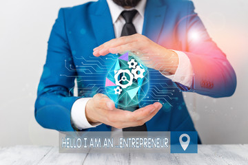 Conceptual hand writing showing Hello I Am An Entrepreneur. Concept meaning demonstrating who sets...
