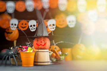 Halloween Jack o Lantern pumpkin in witch hat background - holiday card for text	