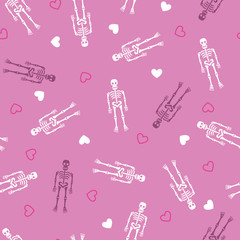 Seamless pattern. Human skeletons and hearts on pink background. Happy Halloween pattern. Sugar skulls. Background, wallpaper. Vector EPS10.