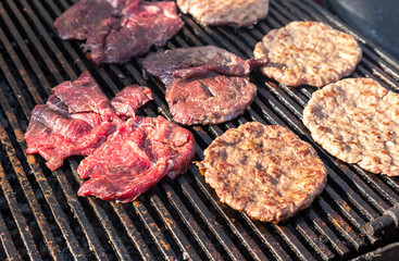 Appetizing pieces of grilled meat cooked on the grill