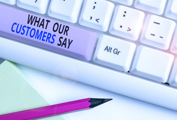 Text sign showing What Our Customers Say. Business photo showcasing to know Users Feedback the Consumers Reactions White pc keyboard with empty note paper above white background key copy space