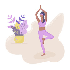 Trendy concept of fitness class:cute black girl standing in yoga tree pose.Flat Funky Figures style.Decorated beautiful leaves.Vector illustration.For advertising, logo, leaflets,flyer