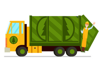 Garbage truck and sanitation worker vector illustration.