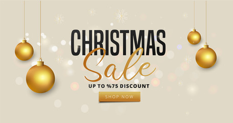 Naklejka na ściany i meble Social Media header or banner design with 75% discount offer and bauble balls for Christmas Sale on white bokeh effect background.