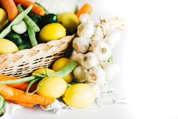 raw vegetables for Turkish homemade pickles. Vegetables are carrot, onion, cabbage, cucumber, onion, garlic, lemon, russian cucumber and green bean