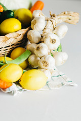 raw vegetables for Turkish homemade pickles. Vegetables are carrot, onion, cabbage, cucumber, onion, garlic, lemon, russian cucumber and green bean