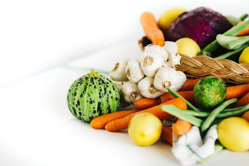 raw vegetables for Turkish homemade pickles. Vegetables are carrot, onion, cabbage, cucumber, onion, garlic, lemon, russian cucumber and green bean